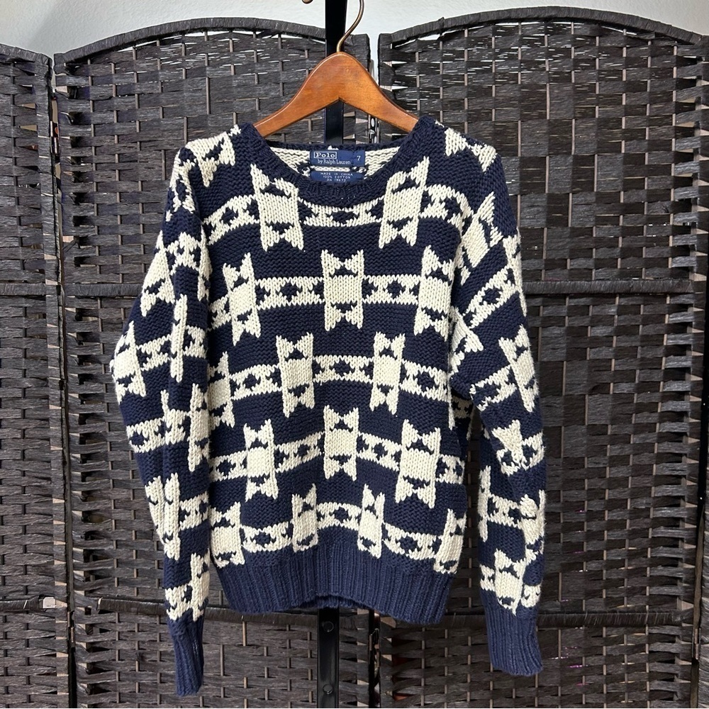 Vintage Polo Kids Sweater blue white Aztec print hand knit size 7 unisex